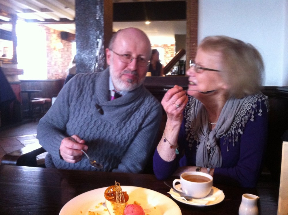 Birthday lunch dessert ,lemon tart with raspberry sorbet and trim
